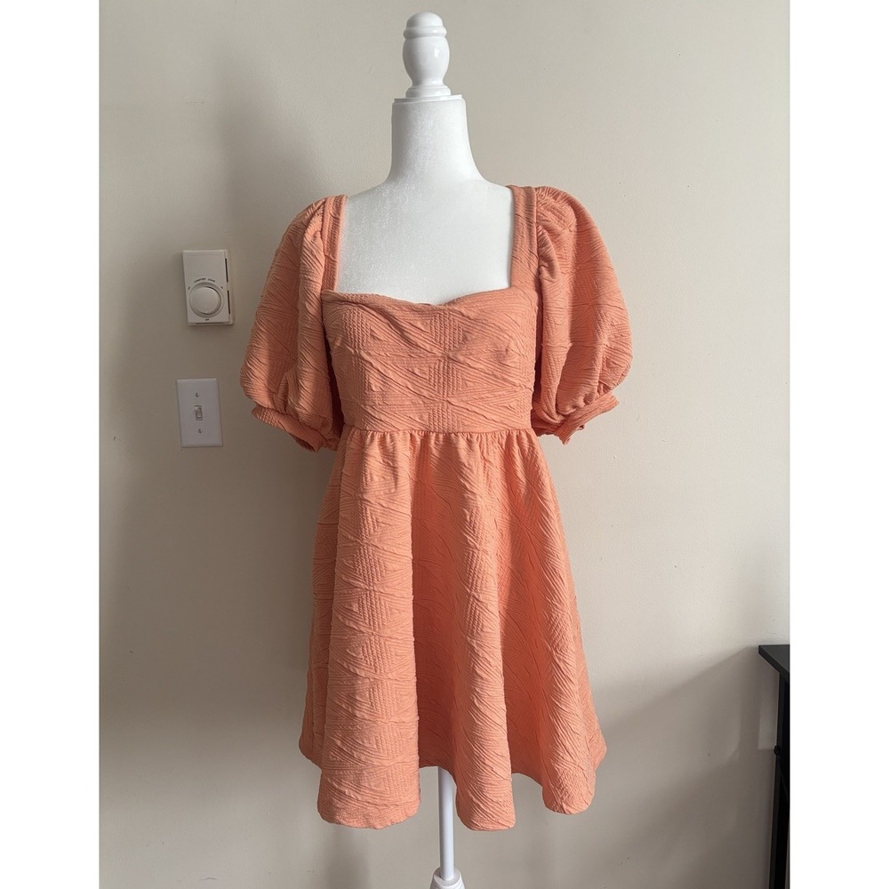 Free People Violet Mini Dress Small POCKETS‎ Puff Sleeve Orange Square Neck Bow
